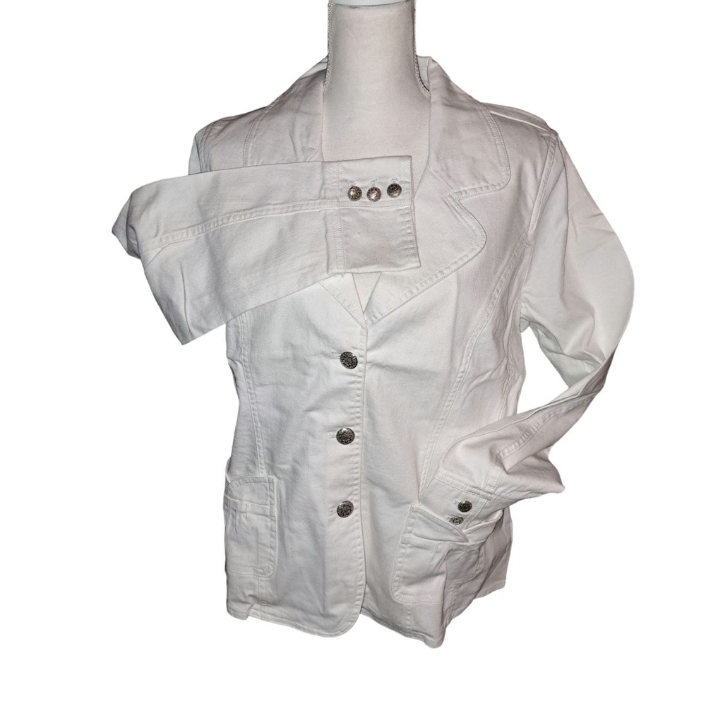 NWT-Denim & Co Large White Three Button Stretch Denim Blazer with Silver Buttons